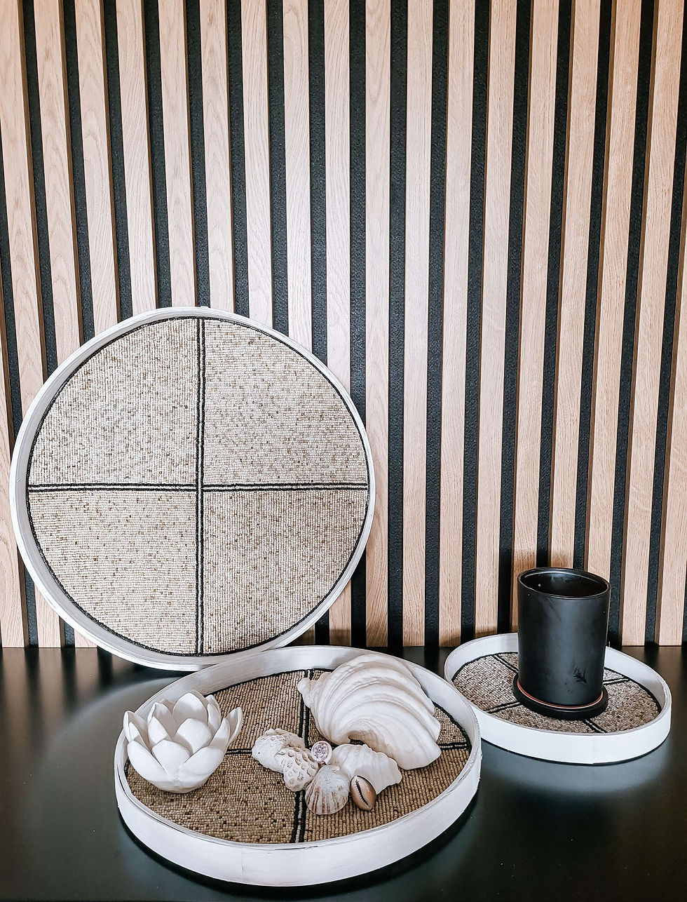 Thumbnail: Sand and Black stripes beaded bamboo tray 