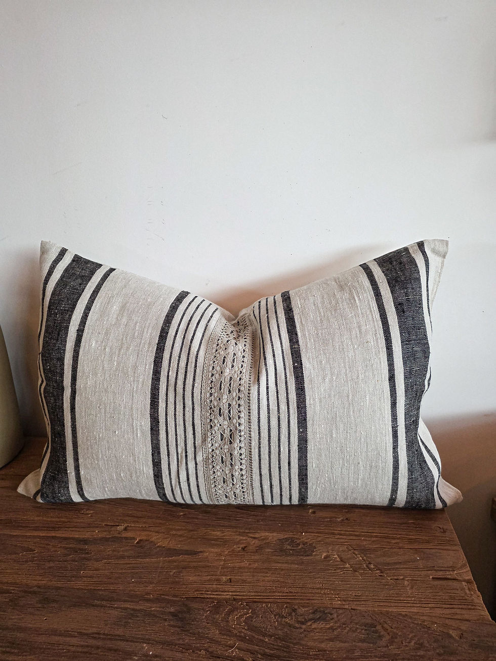 Thumbnail: Black & Natural Linen with linen lace insert Décor Cushion 7th Element Ireland Interior trends Farmhouse decor  Dublin Cork