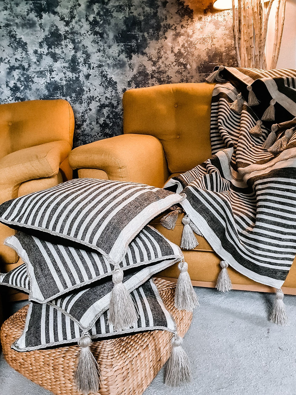 Thumbnail: Black and Black with Natural Linen stripe Décor Cushion