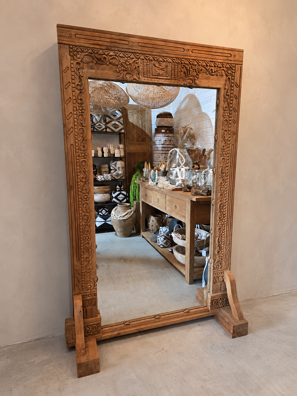 reclaimed teak carved free standing mirror oversized mirror once off piece solid teak wood free standing mirror Ireland
