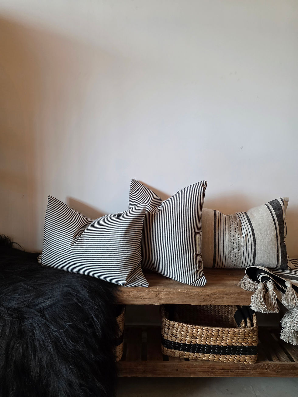 Thumbnail: Natural Linen and black stripes Décor Cushion 7th Element Interior design trends Ireland Farmhouse vibe Dublin Cork Galway