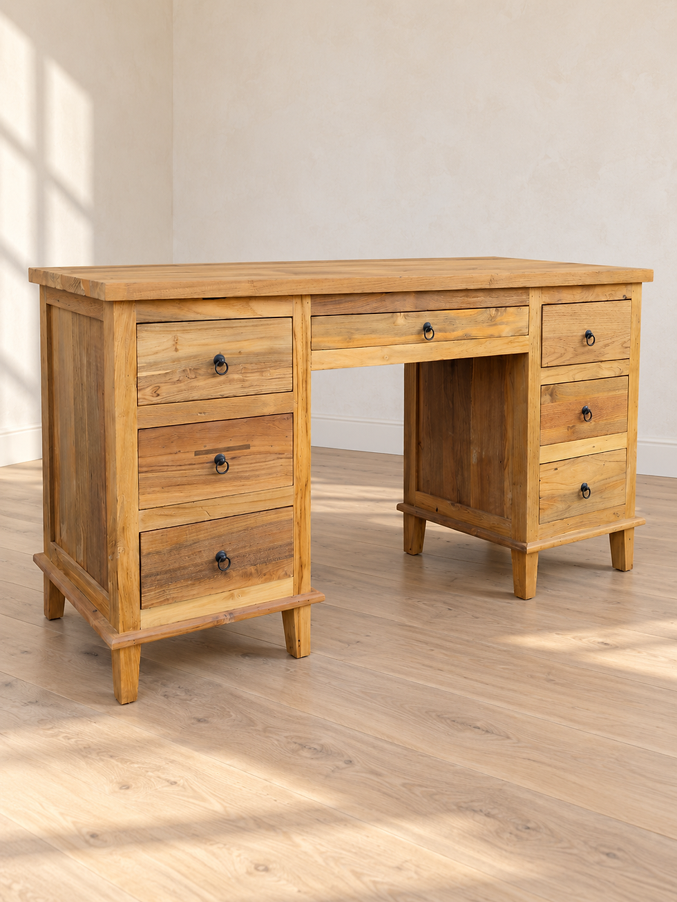 reclaimed teak office desk make up table vanity unit from recycled solid teak wood 7th element Ireland 7 drawers