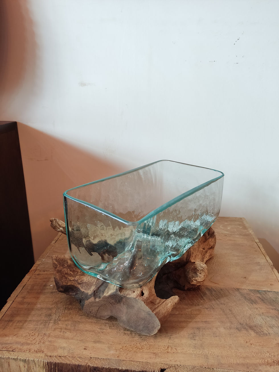 Thumbnail:   Square Blown Molten Glass on Wood Root Base Terrarium/Bowl MSG 103