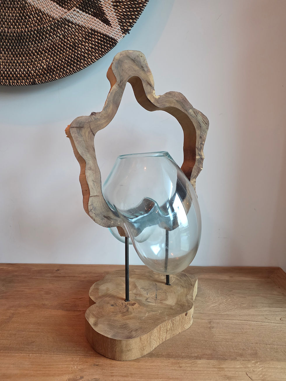 Thumbnail: Blown Molten Glass on Wood Root Base Terrarium/Bowl MGT 002