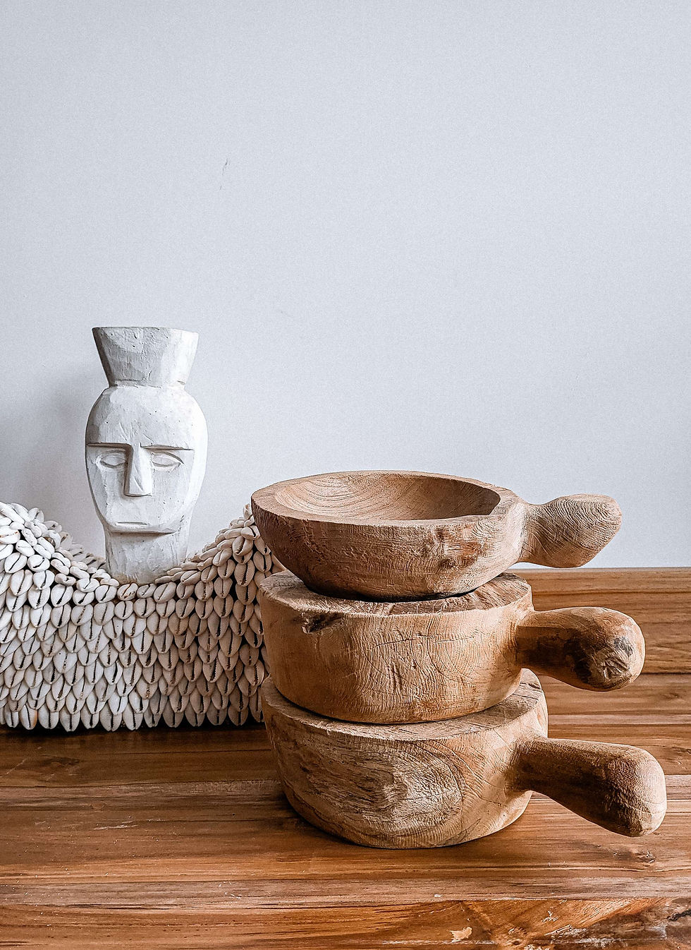 Thumbnail: Rustic round teak bowl with handle
