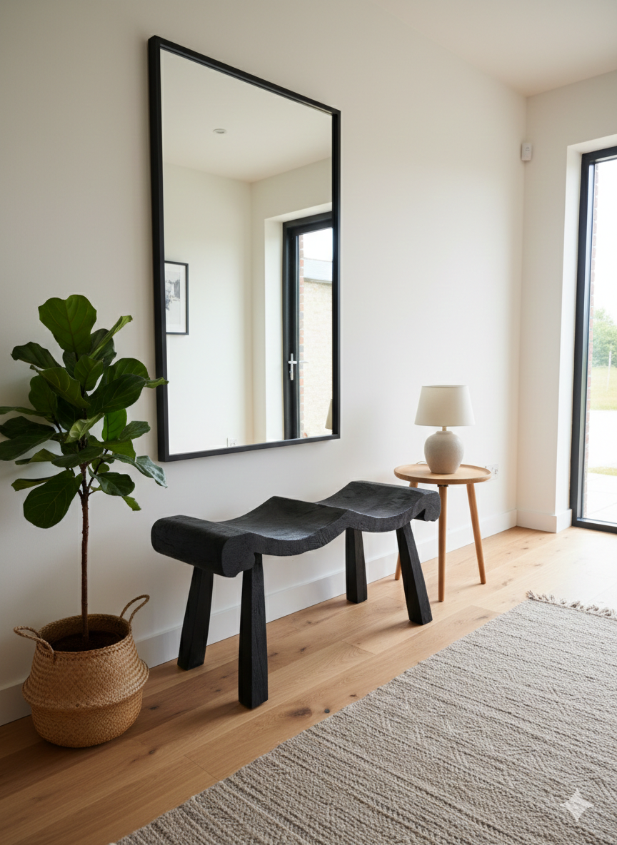 Black Wave Sculptural Solid Teak Bench