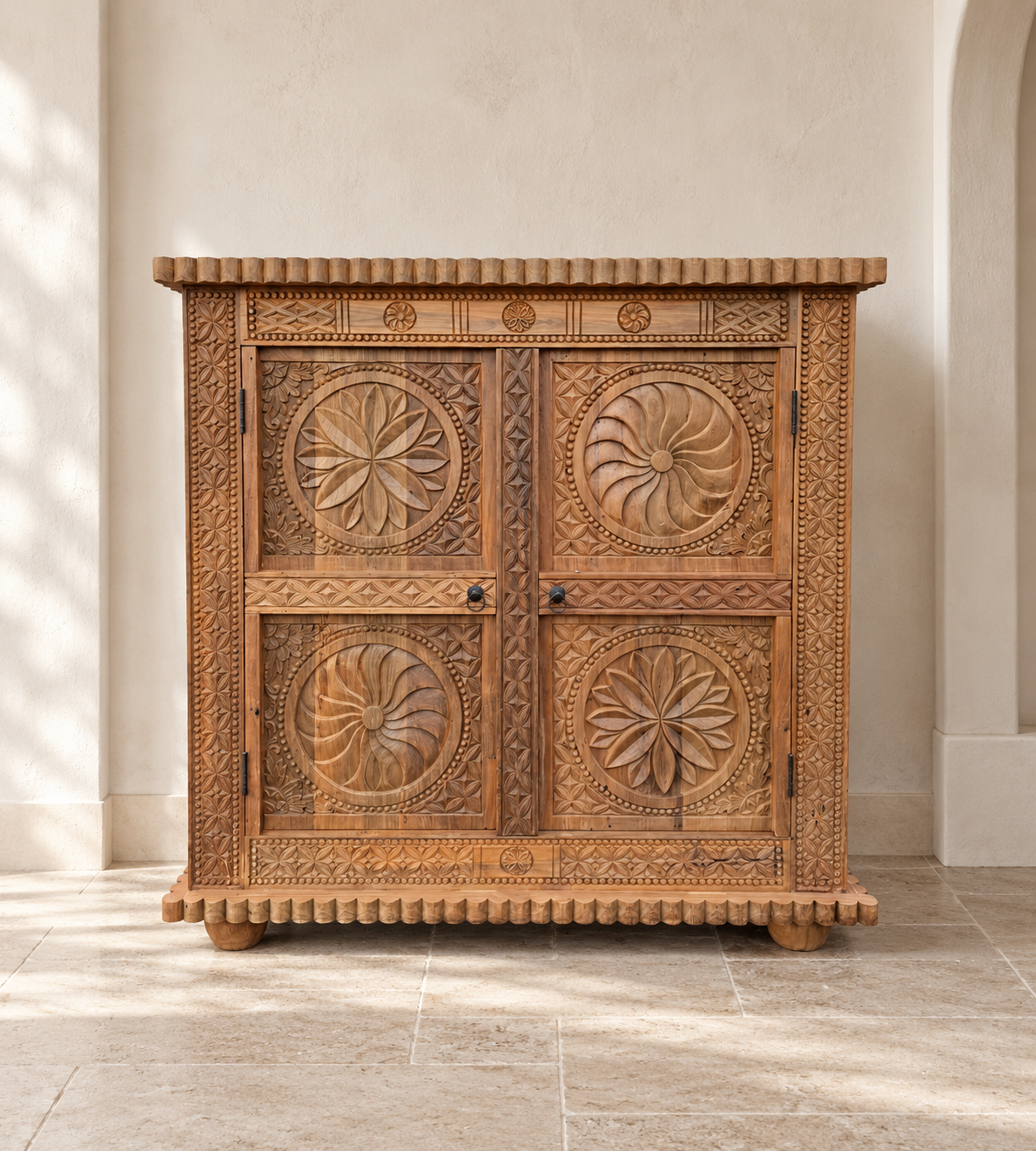 teak hand carved cabinet reclaimed teak furniture carved wood Ireland 7th element irish interior