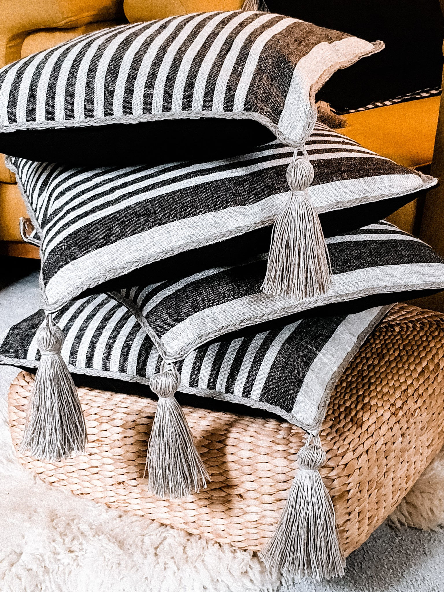 Black and Black with Natural Linen stripe Décor Cushion