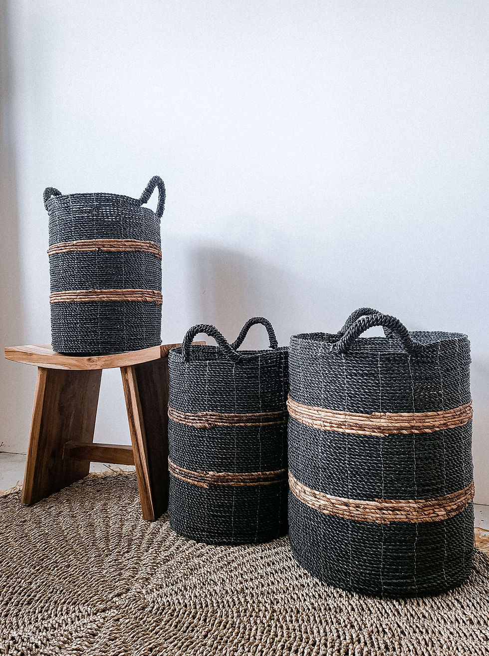 Thumbnail: Black with Stripes Seagrass Baskets Set of 3