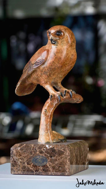 Boobook Owl bronze sculpture with multi-coloured patina by Australian sculptor artist Jake Mikoda
