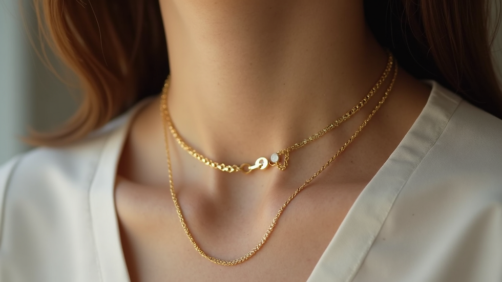 Close-up view of a delicate gold necklace with a minimalist design