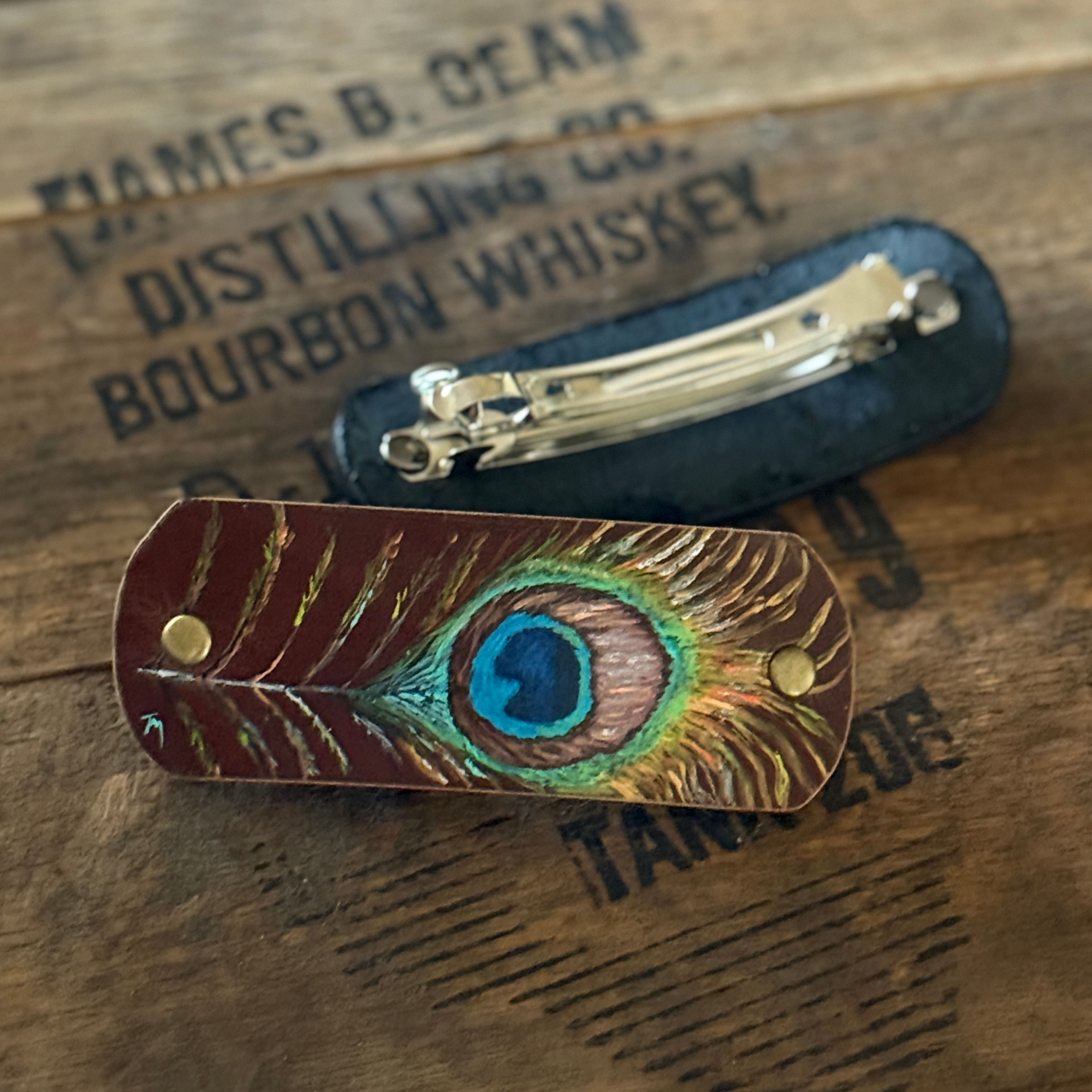 Leather Hair Barrette - Peacock Feather