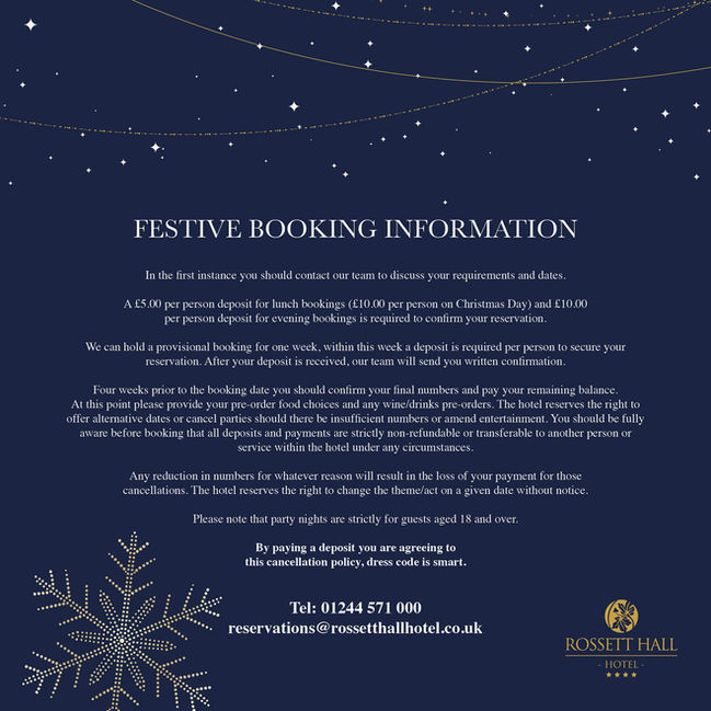 Festive booking information for Rossett Hall Hotel Cheshire 2026, Christmas and New Year dining and events reservations.