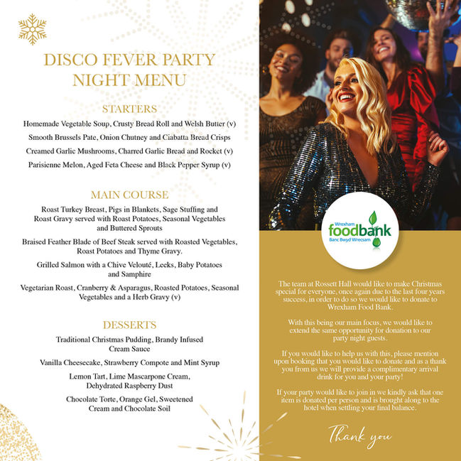 isco Fever party night menu at Rossett Hall Hotel Cheshire 2026 with festive dining and support for Wrexham Food Bank donations.