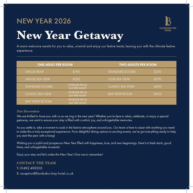 New Year getaway break in Llandudno with accommodation