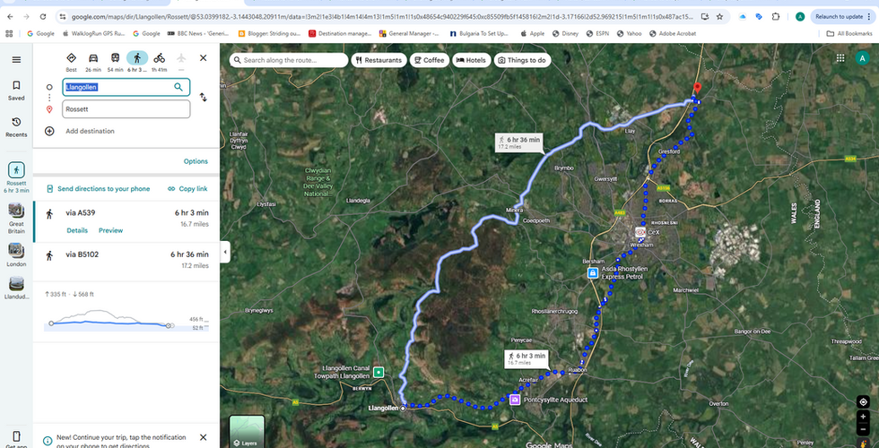 Google Maps screenshot showing the walking route from Llangollen to Rossett in North Wales, marking the third day of a 200-mile charity walking and cycling challenge supporting breast cancer research and support services.