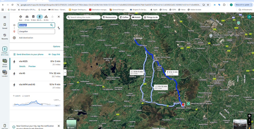 Google Maps screenshot showing the walking route from Denbigh to Llangollen in North Wales, marking the second day of a 200-mile charity walking and cycling challenge supporting breast cancer research and support services.