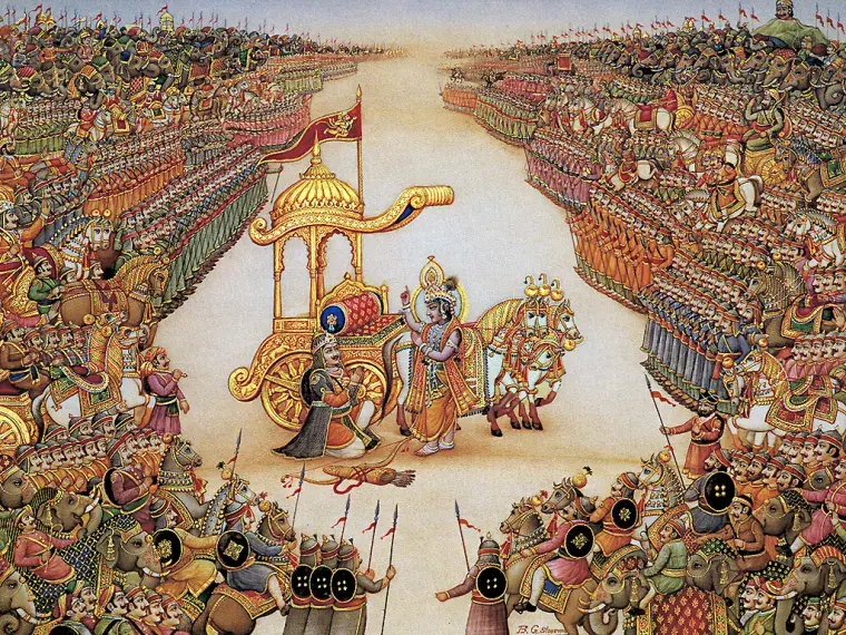 Arjun bowing down in front of Shree Krishna before the war starts. Discussion of Logical Perspective of Mahabharata