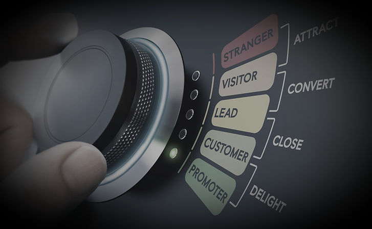 Man turning knob with different stages of sales process to convert strangers into promoter