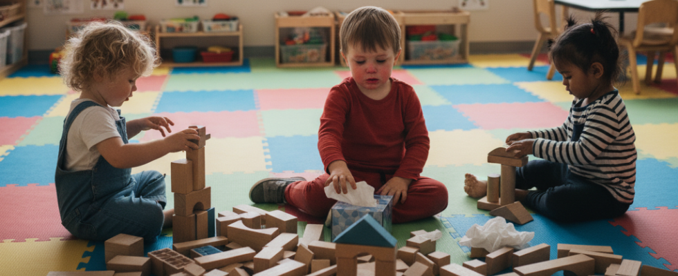 3 toddlers in the classroom playing with blocks on the floor in a semicircle but one of the toddlers shows obvious signs of having the flu. and is reaching for a tissue