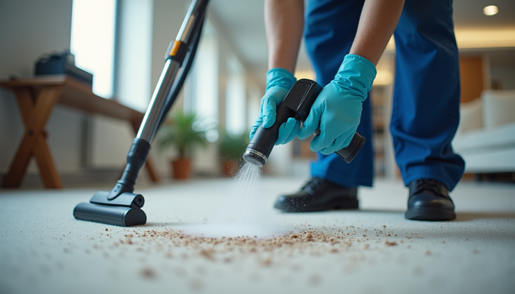 High angle view of a carpet cleaning technician applying stain remover in an office