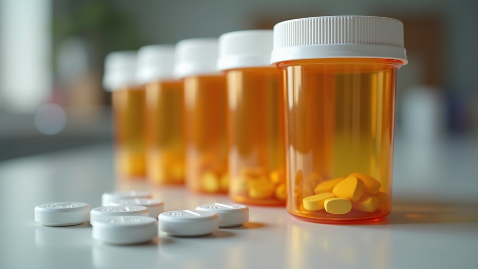 Close-up view of prescription medication bottles ready for pickup