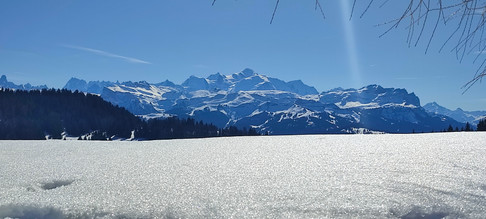 Paysage enneigé de la station du Praz de Lys avec la chaîne du mont Blanc s'étendant à l'horizon sous un ciel bleu.