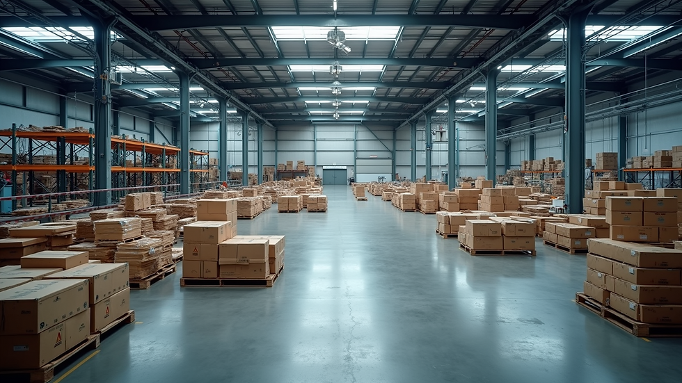 High angle view of a well-organized warehouse with clear zones for different activities