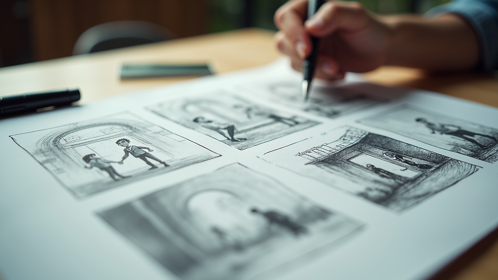 Close-up view of a storyboard with sketches of animated scenes