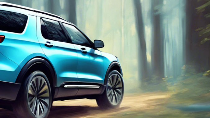 create an image in a light baby blue pallet of the new electric Ford explorer driving far