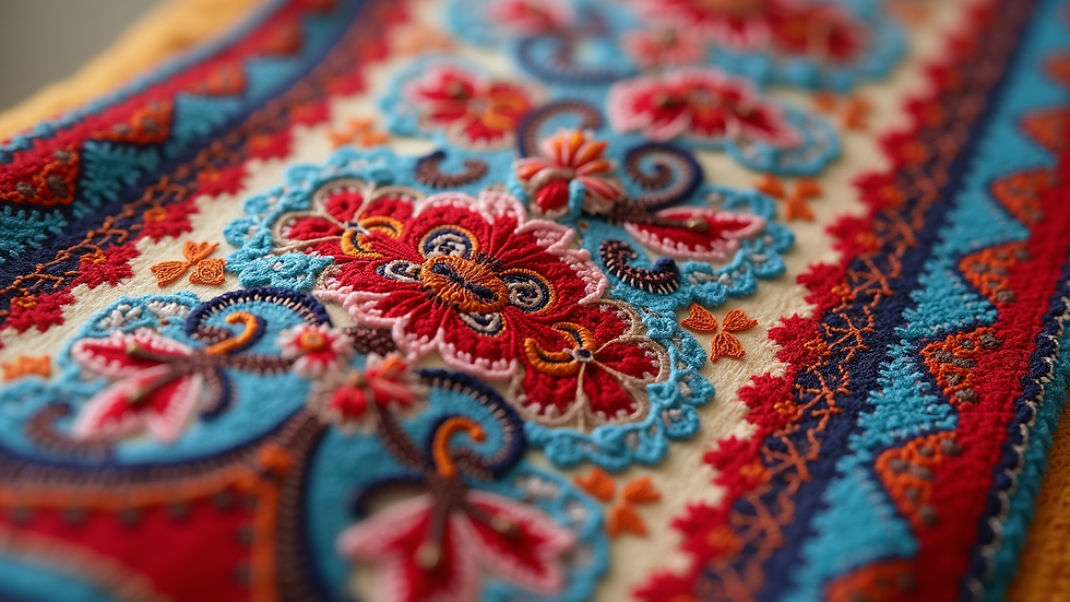 Close-up view of colorful Swiss embroidered textile with traditional patterns
