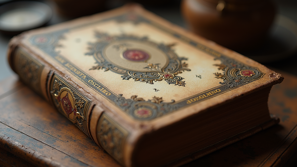 Close-up view of an antique European book with detailed cover design