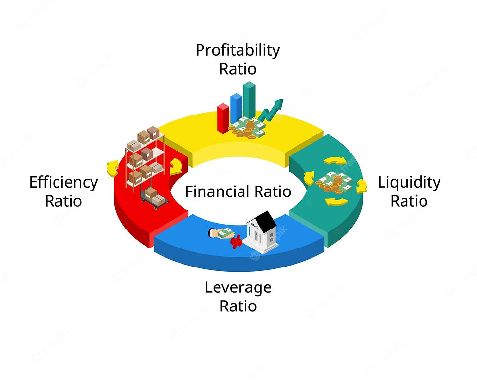 Illustration depicting financial ratio analysis with charts and graphs, enabling data-driven decision-making in investments and business strategies.