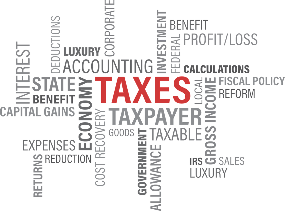 Image with text in the center, 'Taxes,' in bold red, highlighting the importance of understanding taxes for financial planning.