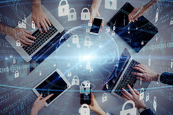 A circle of multimedia devices with locks generating around representing cybersecurity