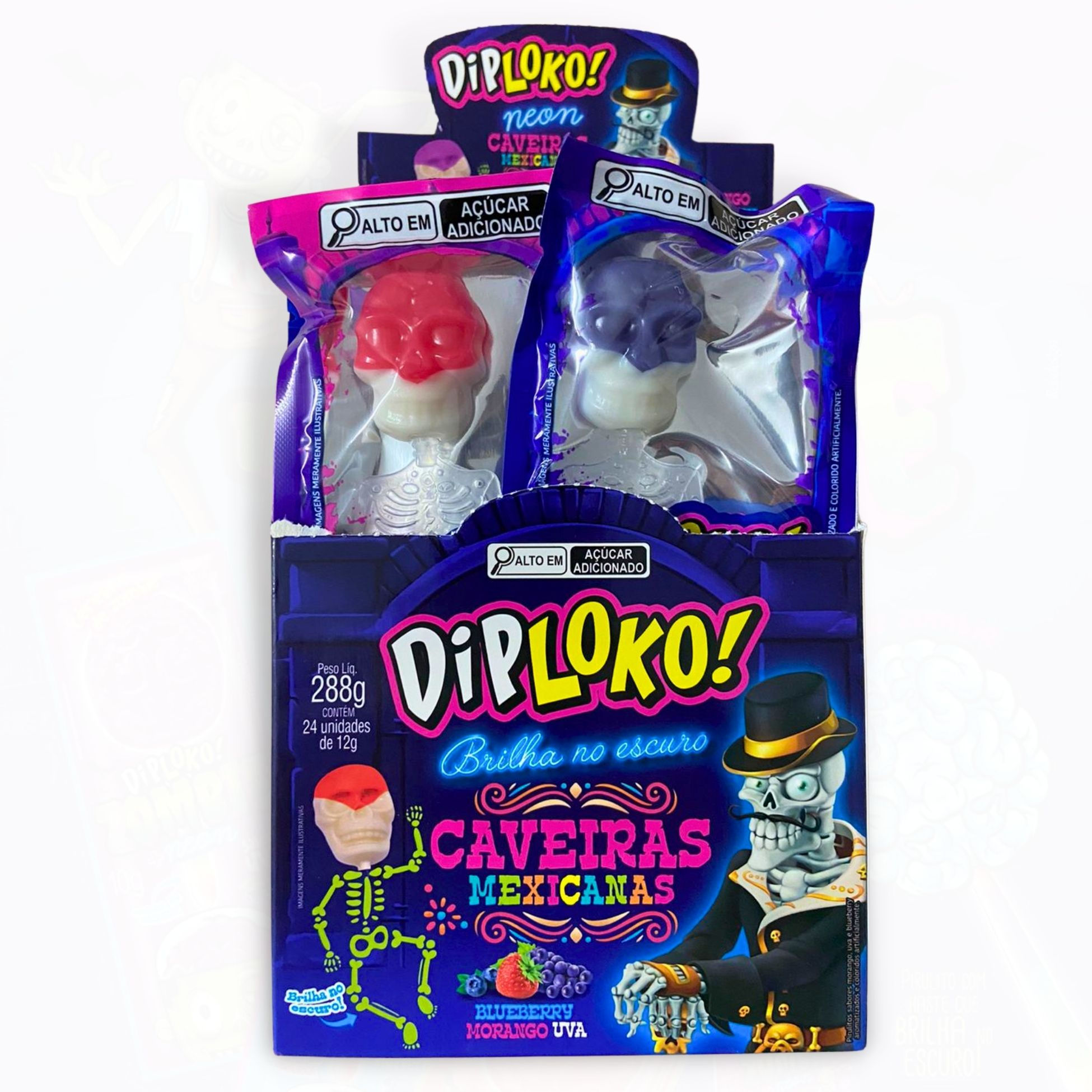 Kit 2x Pirulito Diploko Esqueleto Neon Caveira Mexicana Danilla C/24
