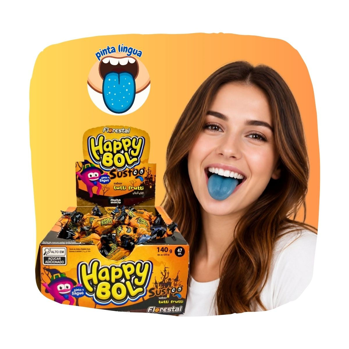 Kit 2x Chiclete Happy Bol Sustoo Florestal Pinta Língua 140g