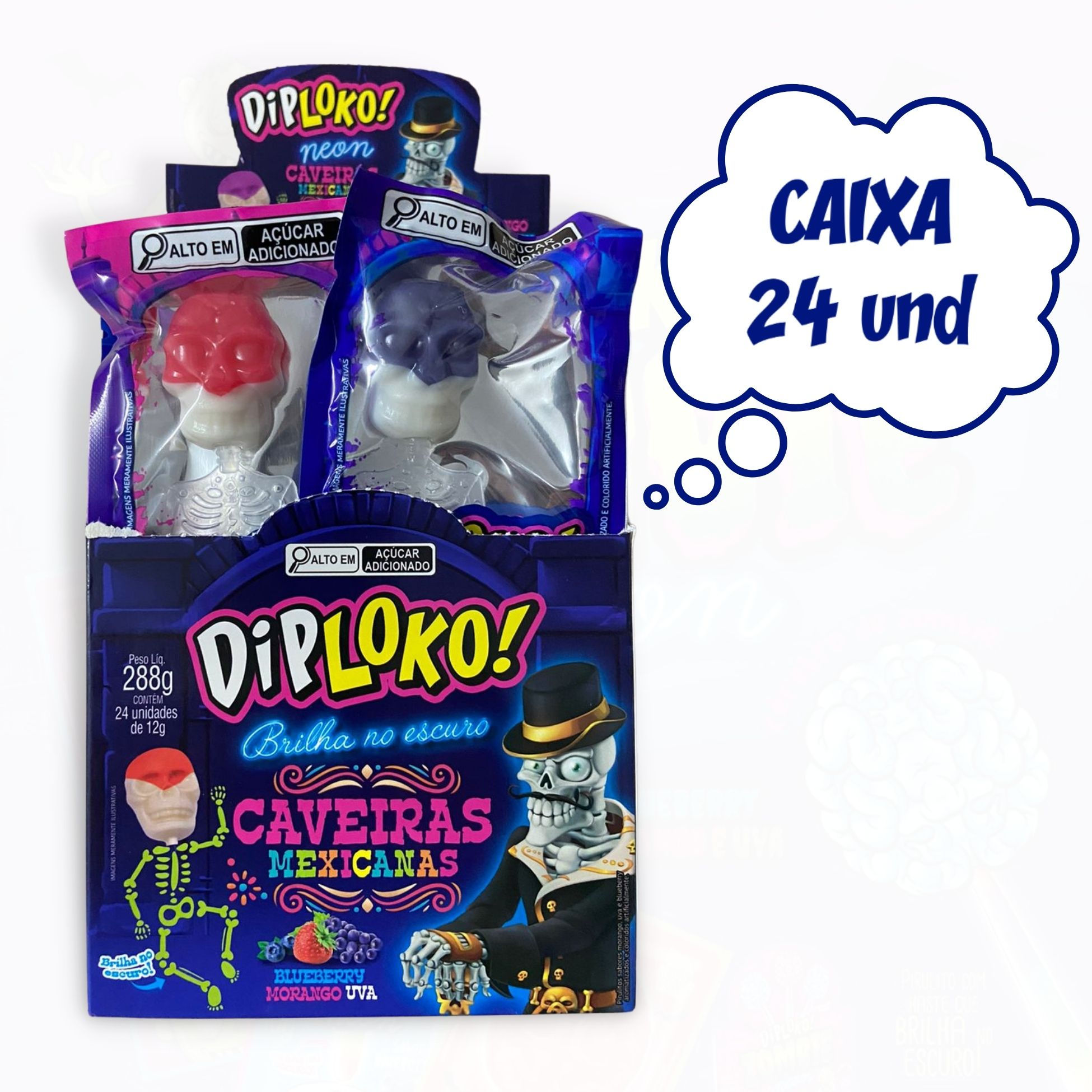 Kit 4x Pirulito Diploko Esqueleto Neon Caveira Mexicana Danilla C/24