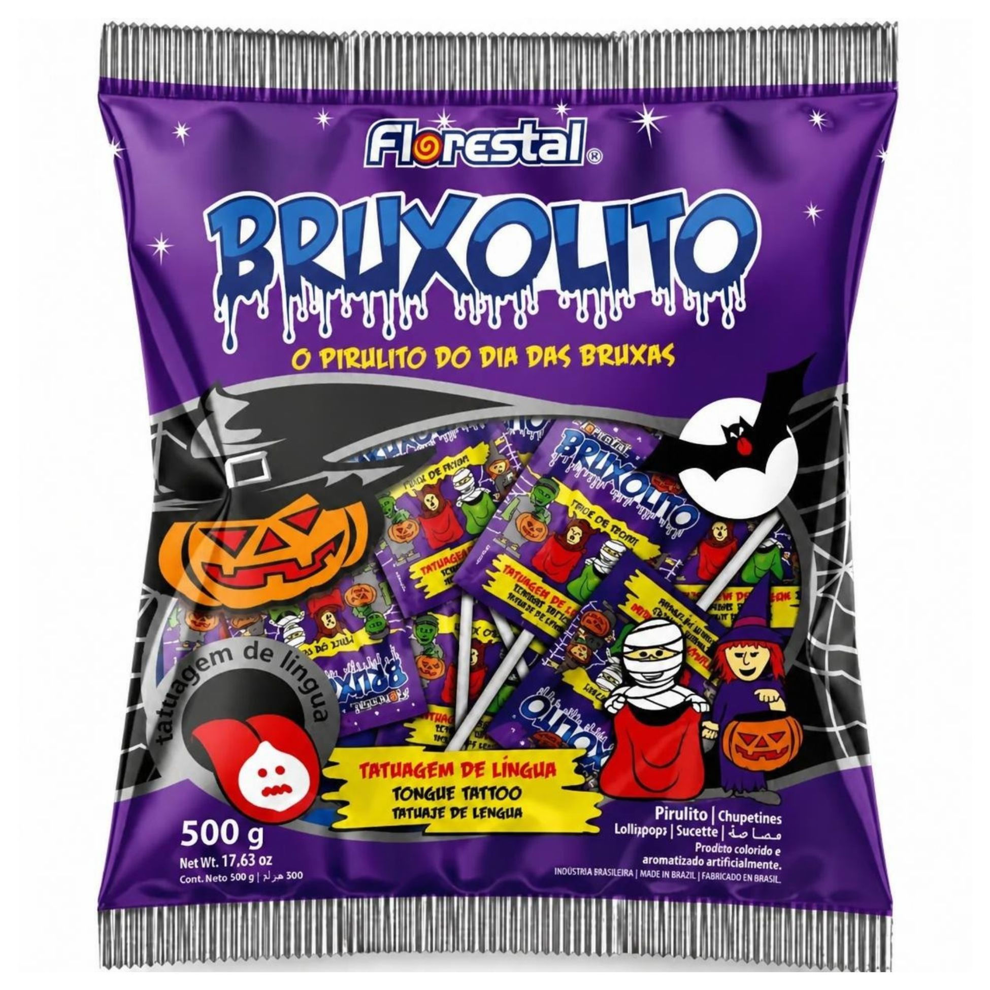 Kit 2x Pirulito Tattoo de Língua Bruxolito Dia das Bruxas Florestal C/50
