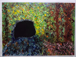 Impasto oil painting by Courtnee S. Hawkins (CSH79) featuring a dark cave entrance surrounded by a textured, impressionistic green forest.