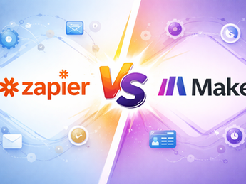 Comparison between Zapier and Make, with both logos facing each other and the text “Zapier vs Make” — a visualization of automation tools.