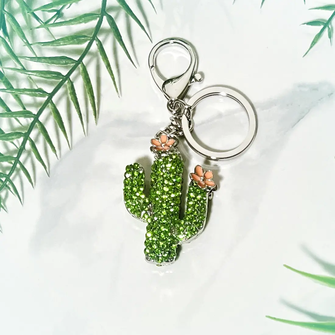 Saguaro Cactus Pink Flower Green Rhinestone Bling Keychain