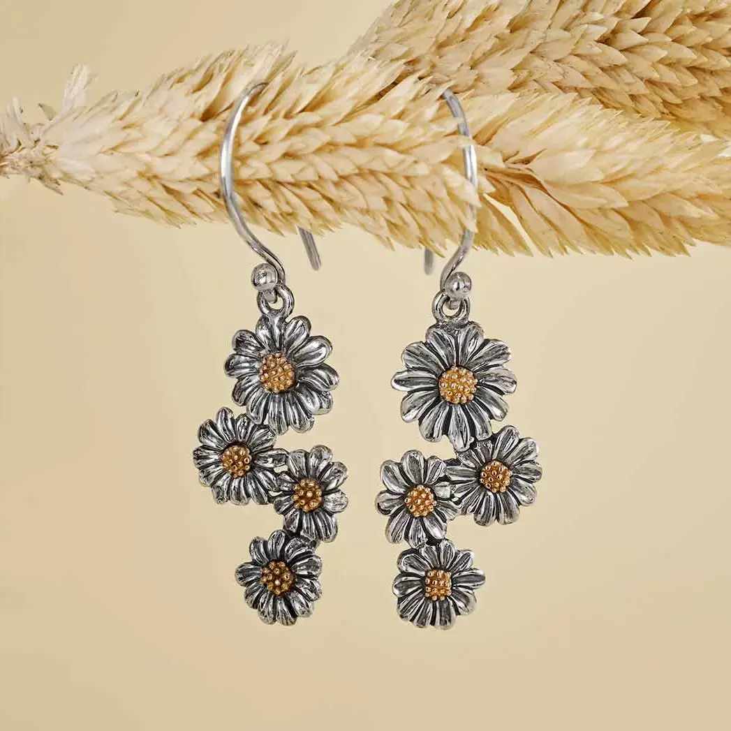 Mixed Metal Daisy Cluster Dangle Earrings