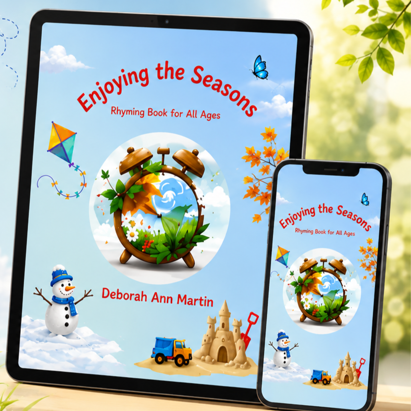 Enjoying the Seasons PDF displayed on a tablet and smartphone with colorful illustrations representing all four seasons.