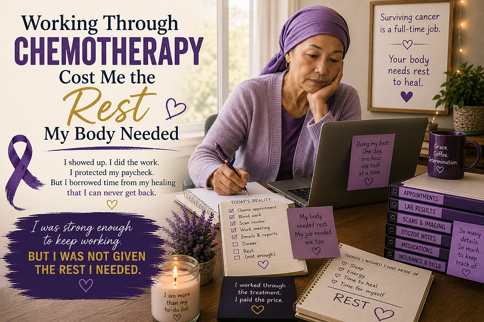 Working Through Chemotherapy Cost Me the Rest My Body Needed banner featuring a cancer patient working at a desk while surrounded by a laptop, journal, treatment checklist, medical notes, candle, and purple cancer awareness ribbon, highlighting the need for rest and healing during treatment.