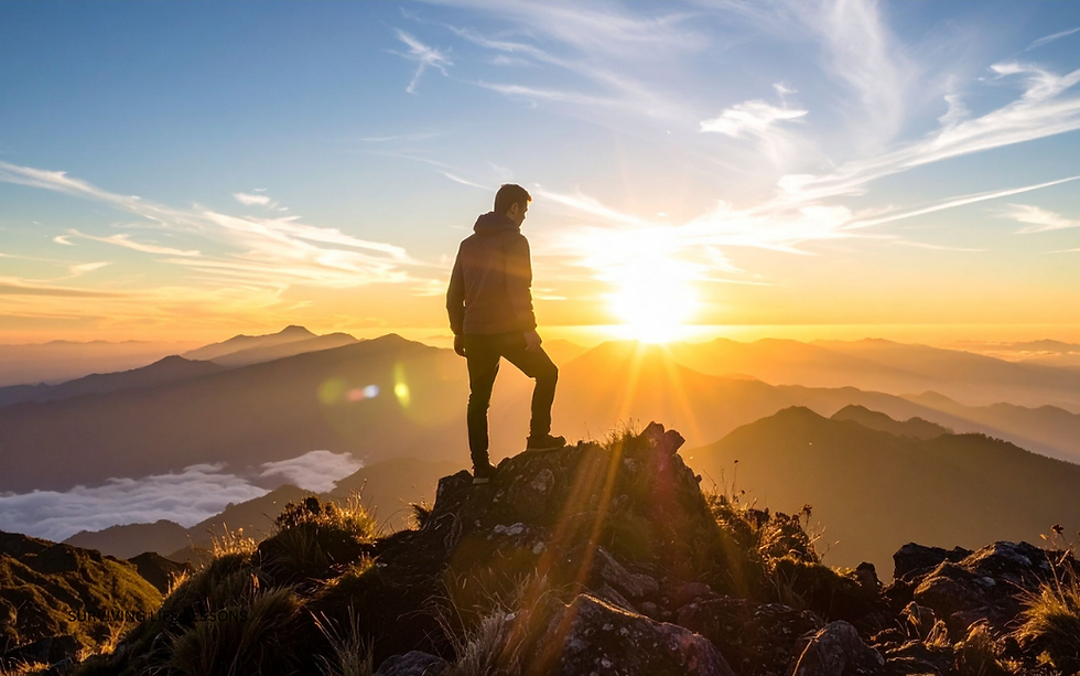 Person standing on a cliff at sunrise, wind blowing, symbolizing emotional resilience and strength in storms