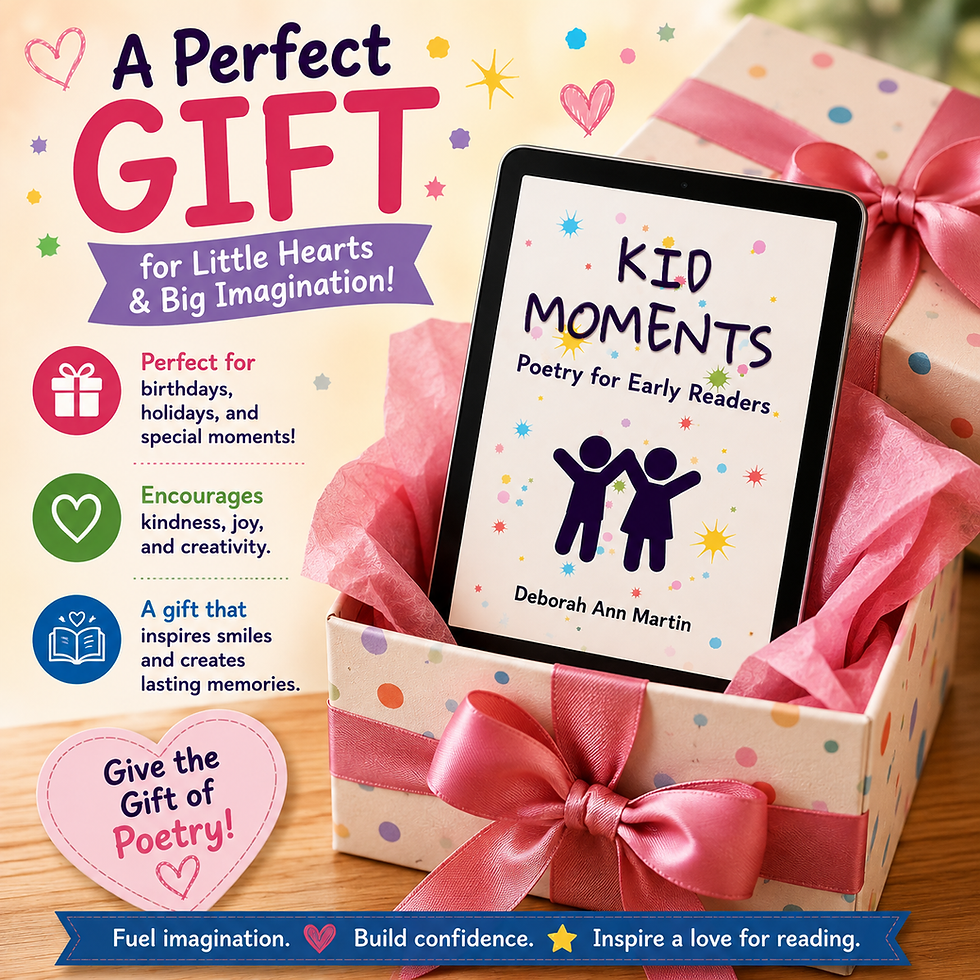 Thumbnail: A colorful gift-themed promotional graphic for Kid Moments, a children’s poetry ebook, featuring a tablet displaying the book