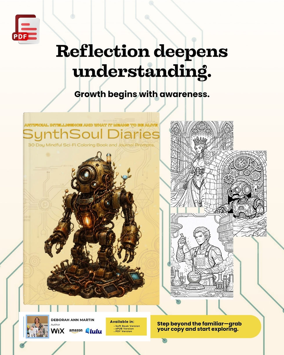 Thumbnail: SynthSoul Diaries digital coloring journal with futuristic AI-themed illustrations, guided journaling prompts, printable page