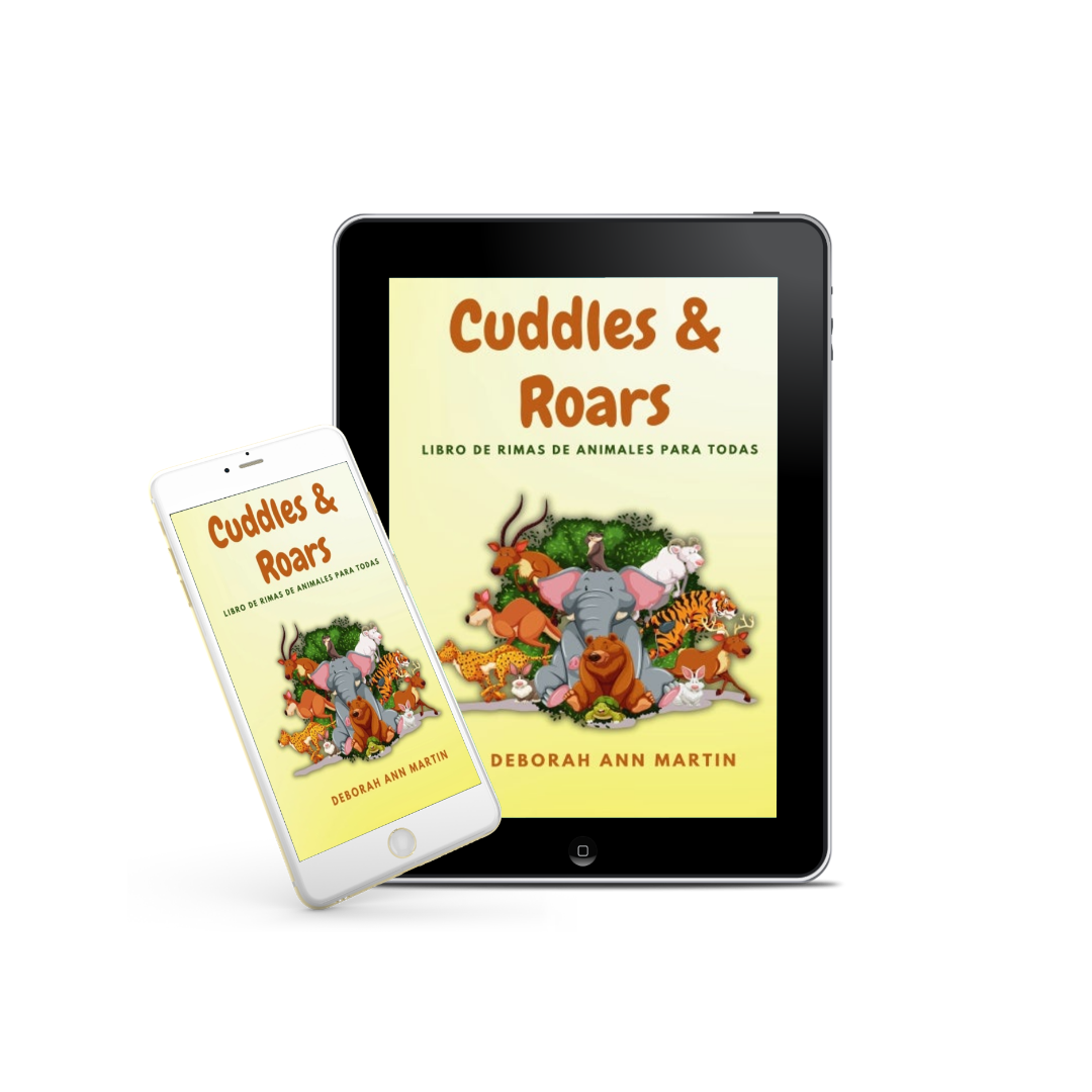 Cuddles & Roars Spanish ebook displayed on tablet and phone with colorful animal illustration