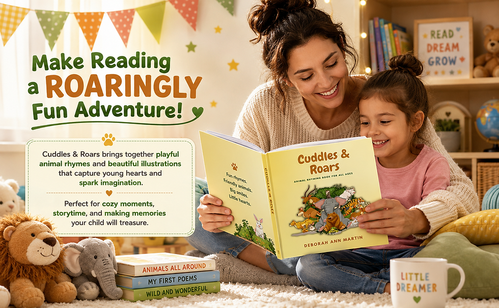 Child-friendly Cuddles & Roars English soft book showing illustrated animal pages and colorful characters